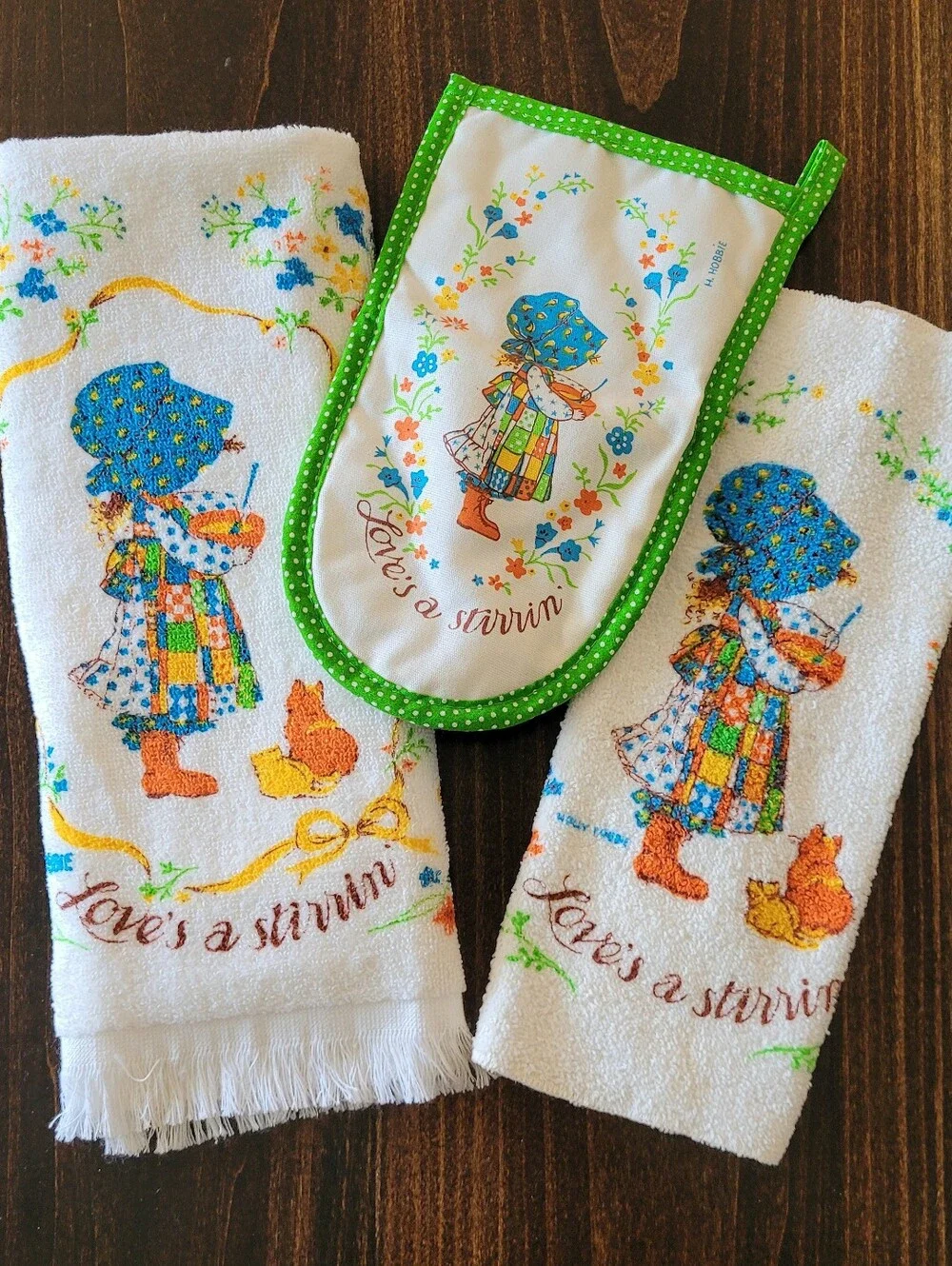 Vtg 70s Holly Hobbie Loves A Stirrin Kitchen Linen Set Towel Washcloth Mitt NWOT